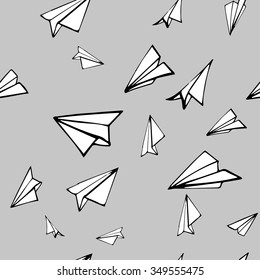 Seamless pattern with linear paper planes. Hand drawn background. Adult colored book.