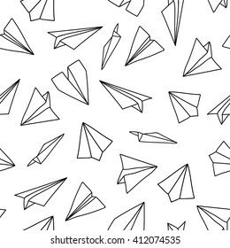 Seamless pattern with linear paper planes. Hand drawn background. Adult coloring book. Suitable for packaging,stationery, and identity and web designs.