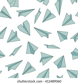 Seamless pattern with linear paper planes. Hand drawn background. Adult coloring book. Suitable for packaging,stationery, and identity and web designs.