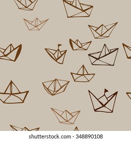 Seamless pattern with linear paper ships. Hand drawn background.