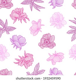Seamless pattern with linear peonies. Beautiful decorative stylized summer flowers.