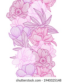 Seamless pattern with linear peonies. Beautiful decorative summer flowers.