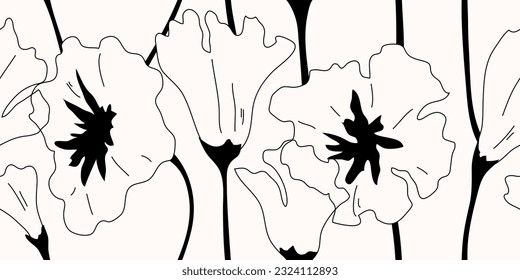 Seamless pattern with linear poppies. Black and white background with line flowers. Modern floral texture. Contour drawing poppies. Editable stroke. Flower silhouettes. Minimalist botanical elements.
