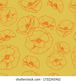 Seamless pattern with linear poppies flowers on a yellow background. Floral pattern for greeting card, scrapbooking, invitation, wallpaper or fabric. Vector illustration