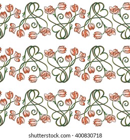 Seamless pattern with linear red tulips on the white background. Wallpaper or textile design.
