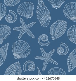 Seamless pattern with linear sea shells on blue background. Vector