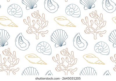Seamless pattern with linear seashells and corals. Background with ocean elements in doodle style