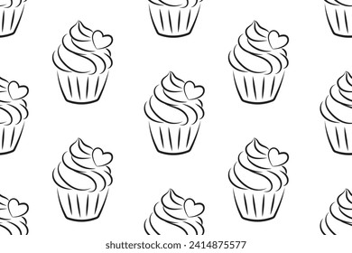 Seamless pattern, linear silhouettes of cupcakes, line art on a white background. Sweet desserts. Food background, vector