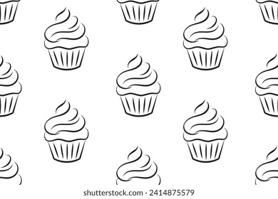 Seamless pattern, linear silhouettes of cupcakes, line art on a white background. Sweet desserts. Food background, vector