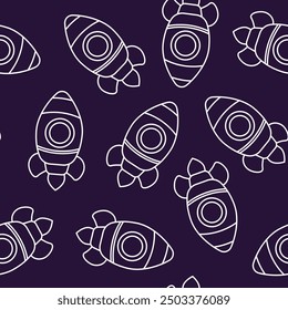 Seamless pattern of linear space rockets on a purple background