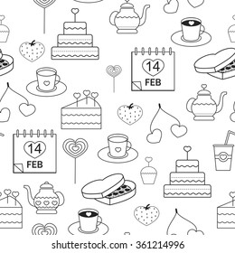 seamless pattern linear style icons grey on a white background. pastries decorated with hearts for Valentine's Day