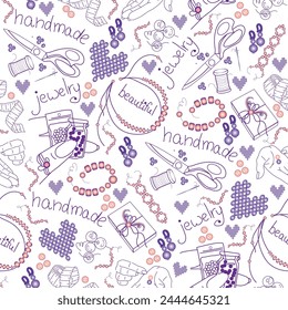 Seamless pattern in linear style. Jewelry, necklace, earrings, tools for needlework and creativity. Scissors, centimeter tape, beads. Hand made