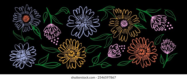 Nahtloses Muster linear stilisierte bunte Blumen. Handgezeichnete Buntstiftschmuck im orientalischen, indischen Stil mit Chrysanthemen-, Aster- oder Pfingstrosenblüten. Blumenmotive im Holzkohlestil. 
