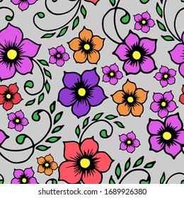 seamless pattern, linear pattern of stylized flowers and leaves, in bright colors, wallpaper and fabric ornament, wrapping paper, background for design