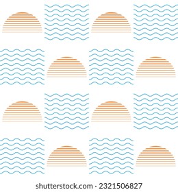 Seamless pattern with linear sun and sea waves. Summer sea geometric abstract background