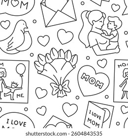 Seamless pattern of linear symbols Mother's Day. Vector illustration