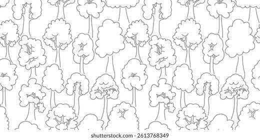 seamless pattern with linear trees in doodle style. Template for design, print, background, wallpaper, wrapping, backdrop, textile, packaging