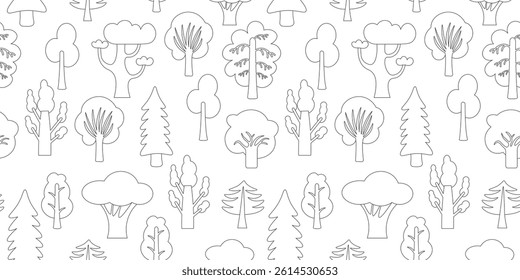 seamless pattern with linear trees in doodle style. Template for design, print, background, wallpaper, wrapping, backdrop, textile, packaging