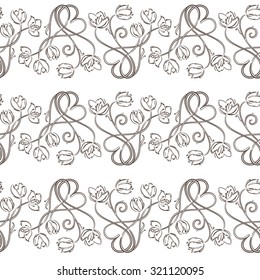 Seamless pattern with linear tulips on the white background. Wallpaper or textile design.