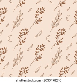 Seamless pattern of linear various branch, leaves and moon in trendy style. Simple celestial texture for wrapping paper, packaging, fabric, wallpaper etc. Vector design.