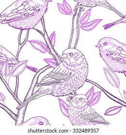 seamless pattern with the linear vector sparrow bird on a branch