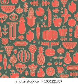 Seamless pattern with linear vegetables and fruits.Healthy food,vegetarian,farmers market concept.Decoration for café,restaurant,menu,market,flayer,banner,package design.Background with offset effect.