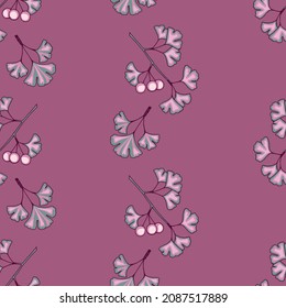 Seamless pattern with linear vertical ornament from the branches of the ginkgo biloba tree in violet-pink tones. 