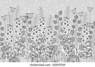 seamless pattern linear white flowers on a grey background. vector illustration