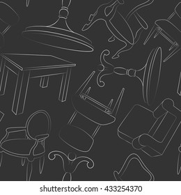 Seamless pattern. Linear white furniture on a dark gray background. Vector illustration.
