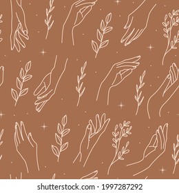 Nahtlose Muster der linearen Frauenhände mit Ast und Stern. Einfache Boho-Textur für Verpackungspapier, Verpackung, Stoff, Tapete etc. Vektordesign.