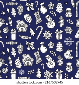 Nahtloses Muster linearer Xmas-Symbole auf blauem Hintergrund. Vektorgrafik