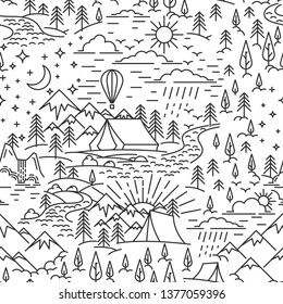 Seamless pattern from lineart elements of nature travel theme. Mountains and tent, pine tree and waterfall landscape. Day and high sky. Flat line style pattern for camping. Vector illustration.