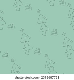 Seamless pattern in lineart style with Christmas tree, gift and star decoration. Vector illustration on a green background. Holiday drawing