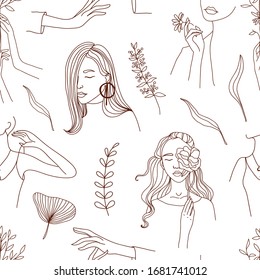 Seamless pattern with lineart women portraits and leaves, modern background