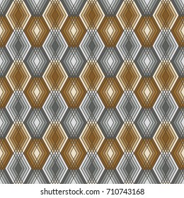 Seamless pattern of lined diamond shapes in gold and silver.