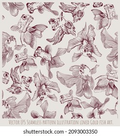 Seamless pattern lined illustration hand drawn art of golden fish swiming.