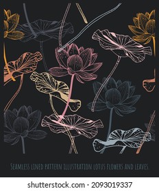 Seamless pattern lined illustration hand drawn art of lotus flowers and leaves.