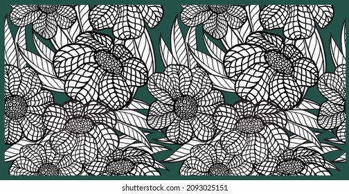 Seamless pattern lined illustration hand drawn art of flowers and leaves.