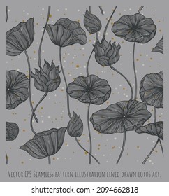 Seamless pattern lined illustration hand drawn art of lotus flowers and leaves.