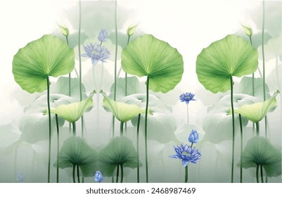 Seamless pattern lined illustration hand drawn art of lotus flowers and leaves.