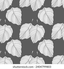 Seamless pattern with lined outlines of tree leaves. Gray and white design. Print, textile, pattern, vector