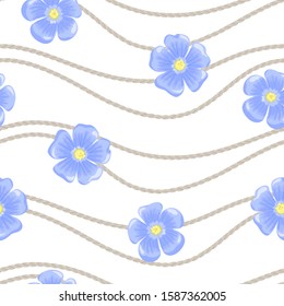 Seamless pattern with linen ropes and blue flax flowers on a white background. Vector illustration of eco-friendly material in cartoon simple flat style.