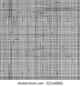 Seamless pattern with linen texture. Hand-drawn vertical and horizontal lines, criss-cross, checkered.  Made by trace from sketch. Ink pen. Black and white pattern in vector.