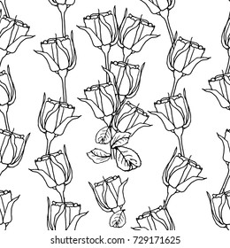 Seamless pattern with liner black roses on white background. Vector illustration