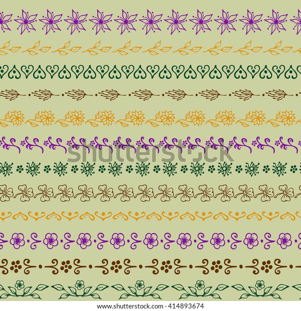 Seamless pattern lines. Hand drawn vector\
pattern brushes. Endless floral ornament lines. All brushes are in\
swatches. Use: decorative borders and dividers, ornament lines,\
design elements