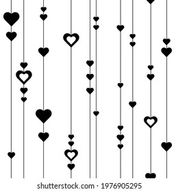 Seamless pattern of lines and hearts. Cute romantic print with black hearts hanging on lines, on stripes. Black and white vertical  texture for Valentine's Day, for textile, for fabric, for paper.