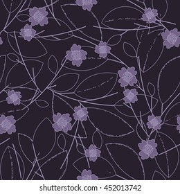 Seamless pattern with lines leaves and flowers on dark background