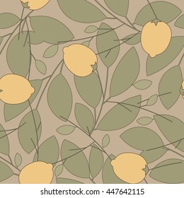 Seamless pattern with lines leaves and lemons ivory background