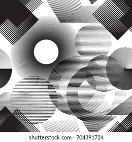 Seamless pattern with lines, squares, arrows, triangles, circles.
 unusual minimalistic poster with striped Design elements .Black Vector stripes .Geometric shape. Dynamic geometrical Endless texture.