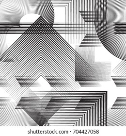 Seamless pattern with lines, squares, arrows, triangles, circles.
 unusual minimalistic poster with striped Design elements .Black Vector stripes .Geometric shape. Dynamic geometrical Endless texture.